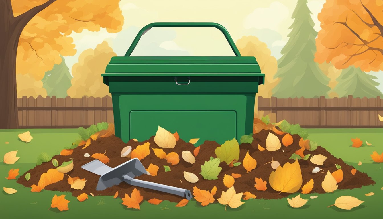 A backyard compost bin surrounded by a mix of food scraps, yard waste, and soil in Everett, WA. Fallen leaves and a shovel nearby