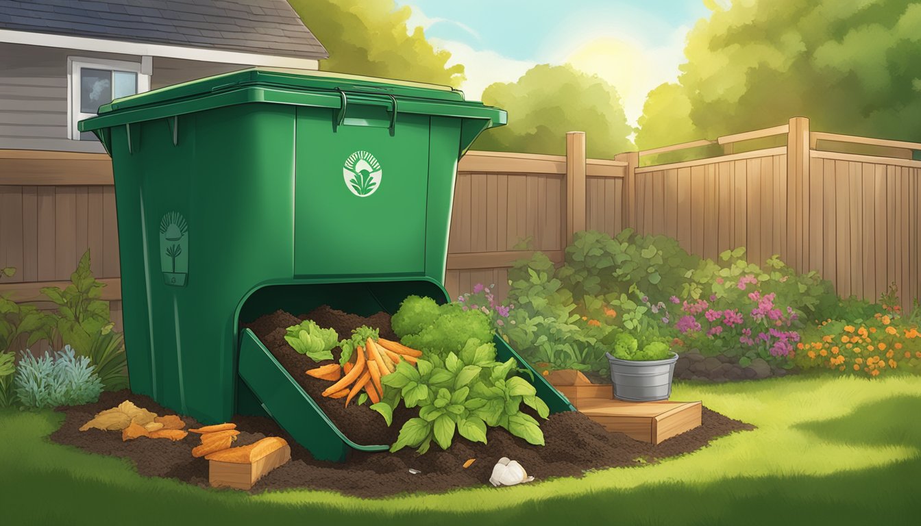 A person in Everett, WA adds food scraps and yard waste to a compost bin in their backyard. The bin is surrounded by greenery and the sun is shining overhead