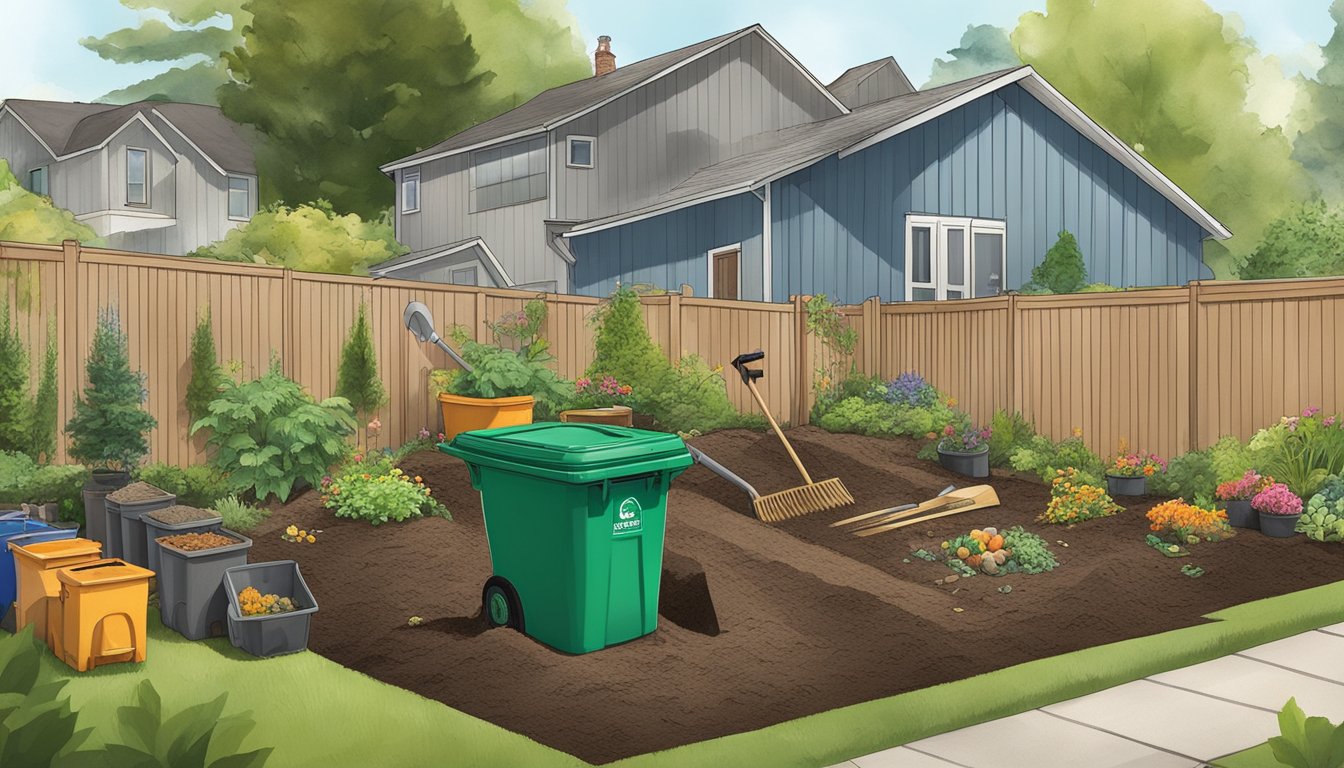 A backyard in Everett, WA with a compost bin, garden tools, and a variety of organic waste being added to the pile