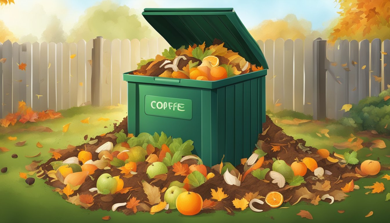 A backyard compost bin surrounded by a variety of organic waste, including fruit peels, vegetable scraps, and coffee grounds. Fallen leaves and twigs are scattered around the bin