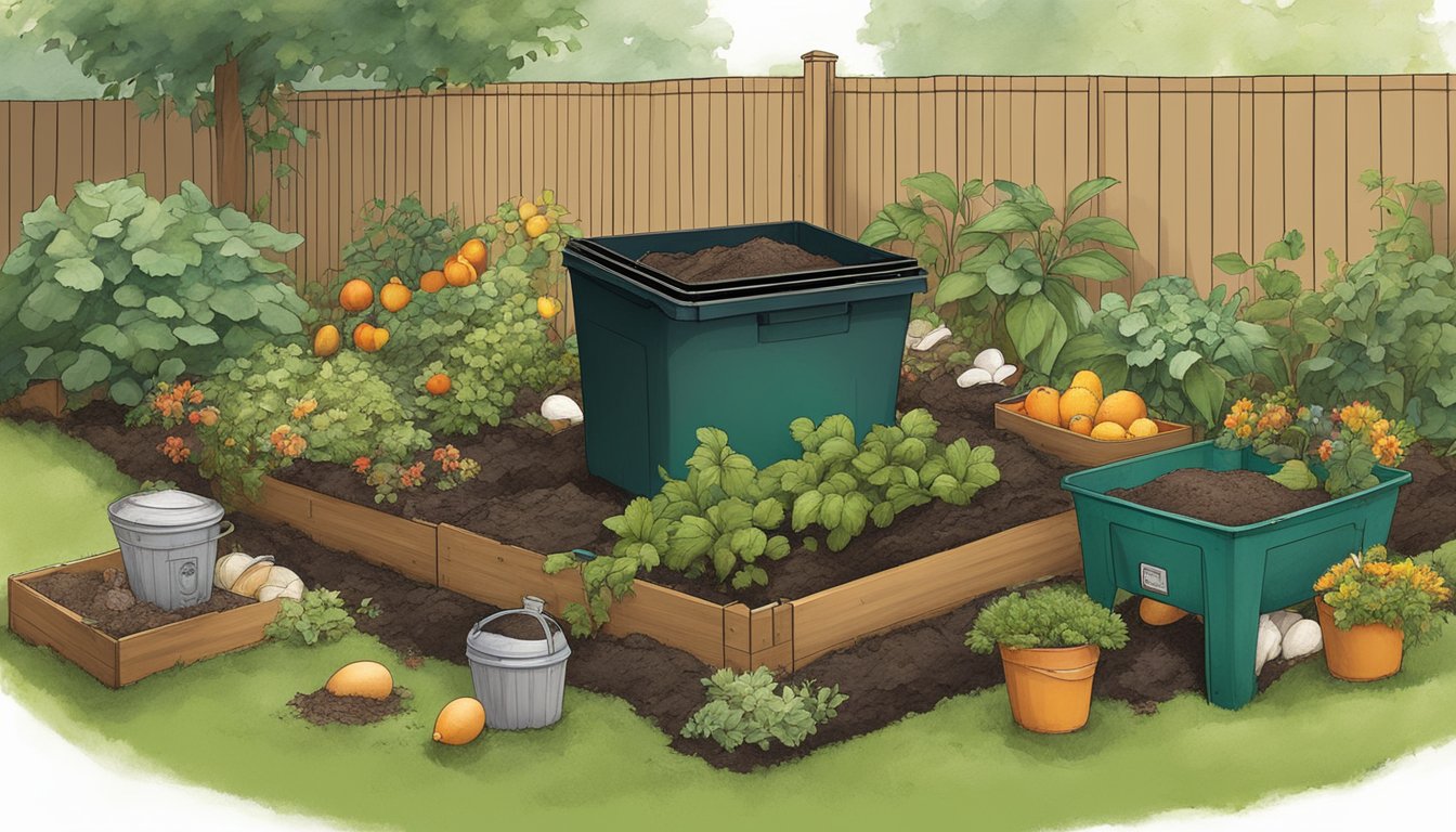 A lush backyard garden in Seattle, WA, with a compost bin surrounded by various organic waste materials, such as fruit peels, coffee grounds, and eggshells