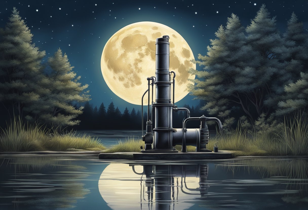 The pond pump sits still under the moonlit sky, its gentle hum silenced as the night takes over