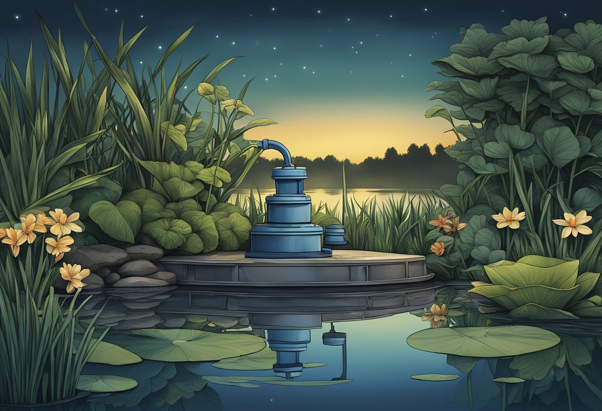 A pond pump sits idle at night, surrounded by still water and aquatic plants