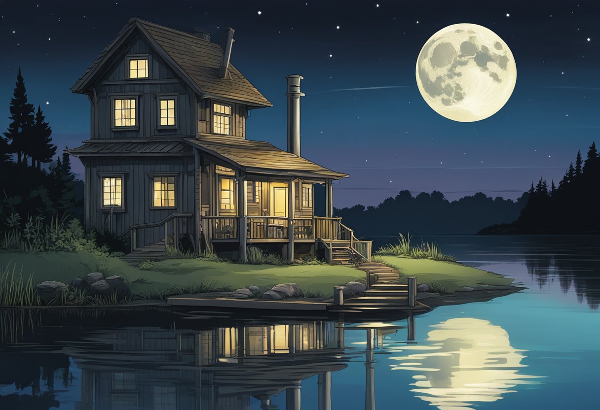 A pond pump sits idle at night, surrounded by still water and moonlight