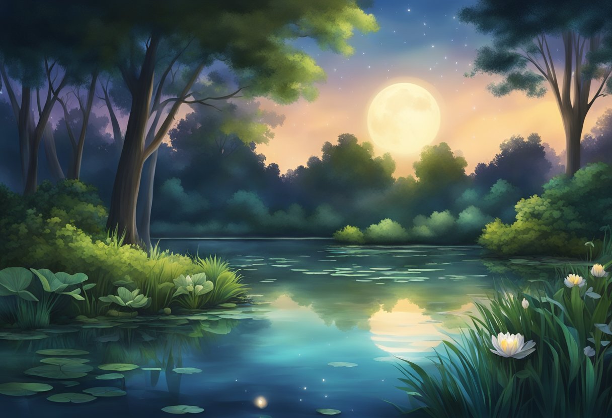 A serene pond at night, with a pump silently aerating the water, surrounded by lush vegetation and a peaceful atmosphere