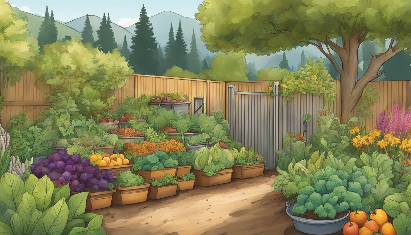 A lush garden in Valley, WA with a compost bin, fruit and vegetable scraps, and a variety of organic materials being turned into nutrient-rich soil