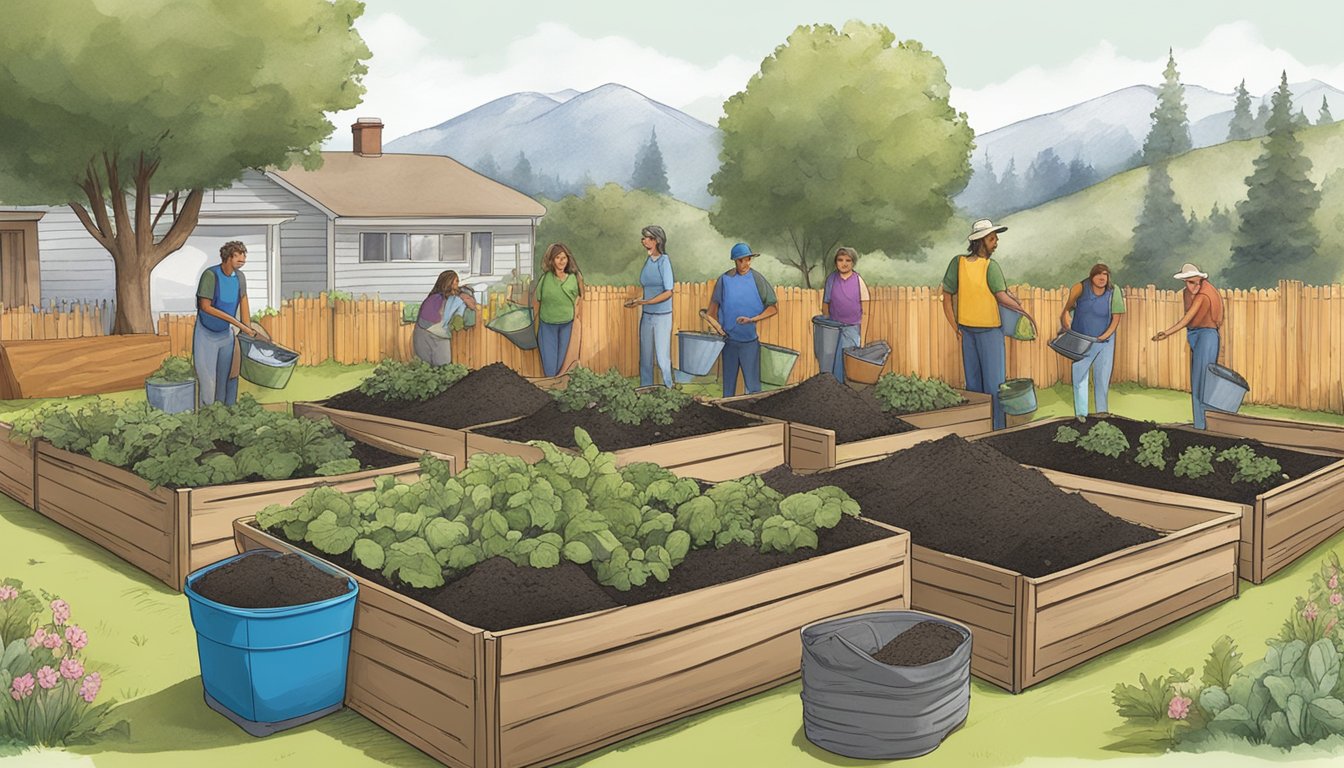 A group of people in Valley, WA, are seen composting in a community garden, following the local regulations and guidelines