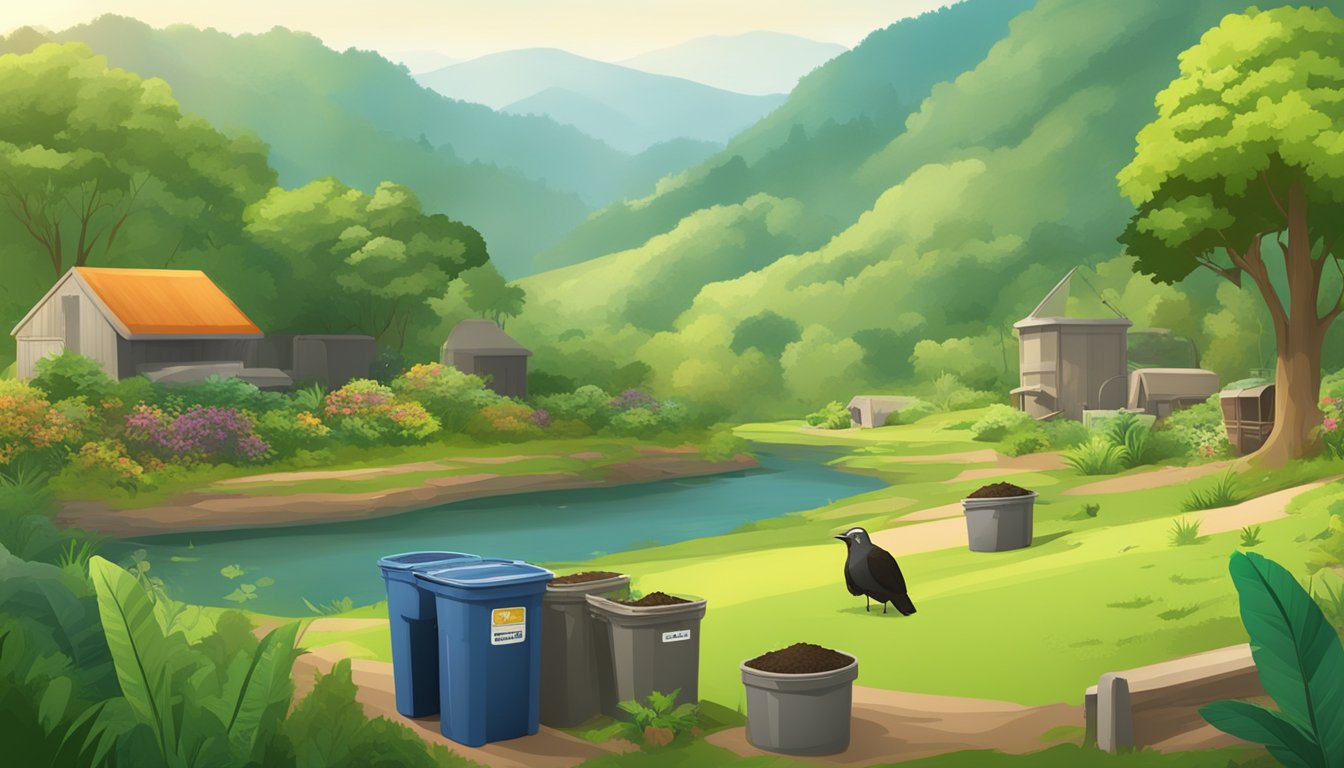 A lush valley with compost bins and recycling containers, surrounded by greenery and wildlife