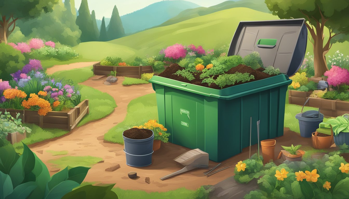 A lush valley landscape with a composting bin, garden tools, and educational materials scattered around