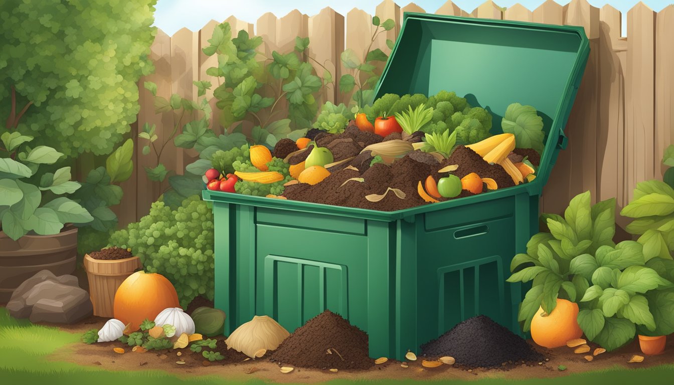 A backyard compost bin surrounded by a variety of organic waste, including fruit and vegetable scraps, coffee grounds, and yard clippings