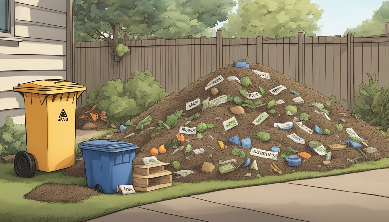 A pile of compostable materials next to a bin labeled "Avoid" in a backyard garden in Madison, WI