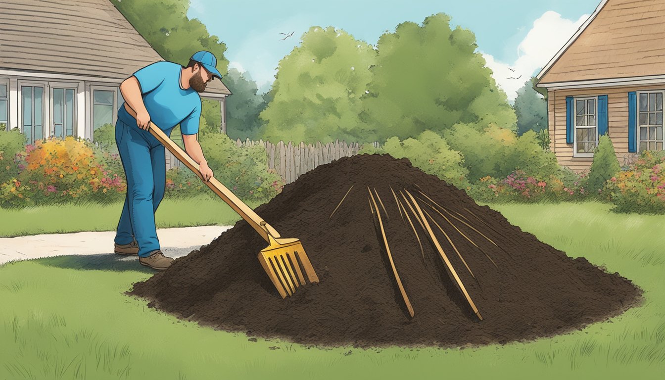 A person turning a compost pile in a backyard with a pitchfork on a sunny day in Madison, WI