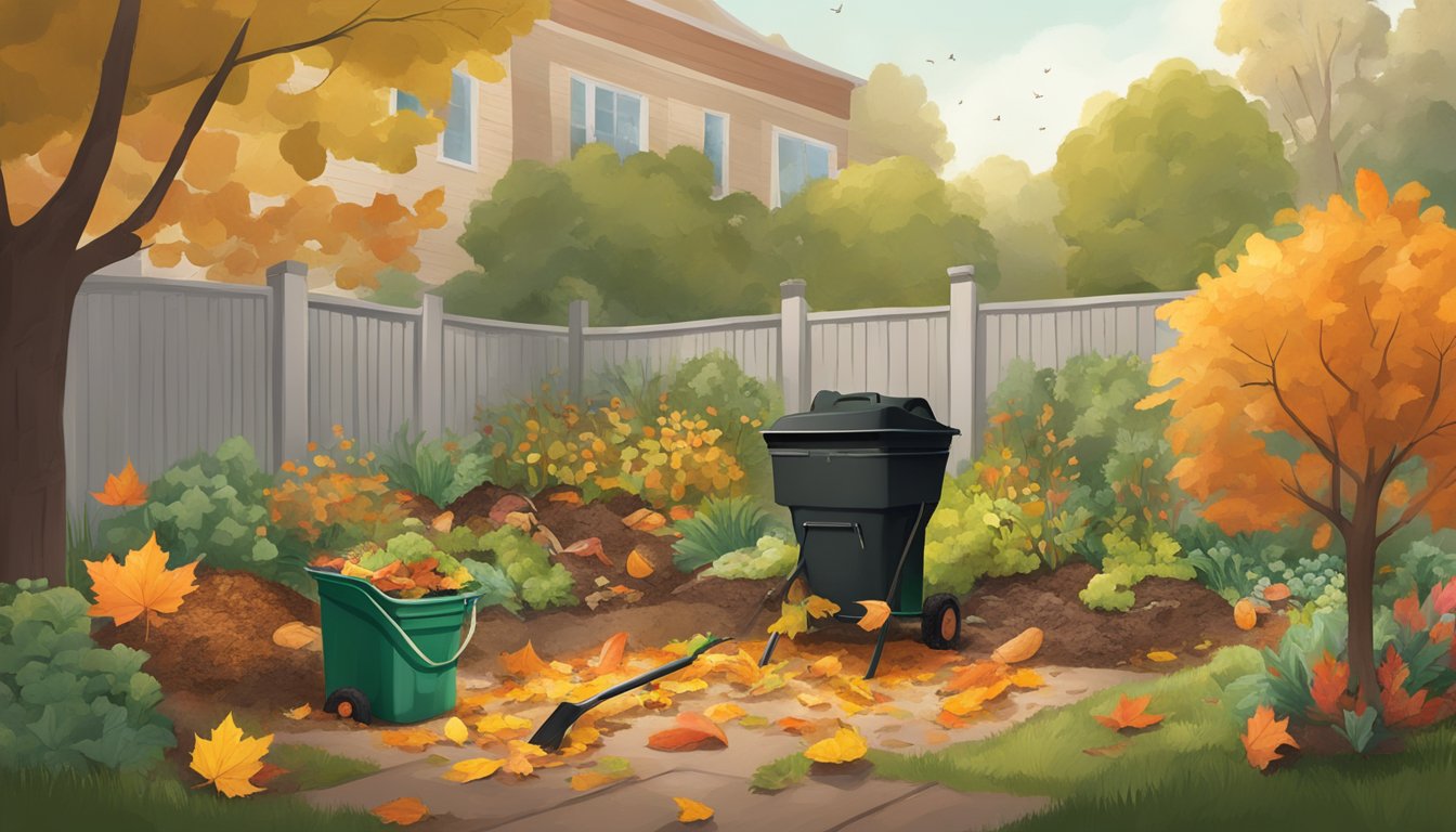 A garden in Madison, WI, with a compost bin, shovel, and various organic materials scattered around. Fallen leaves and food scraps are visible in the compost