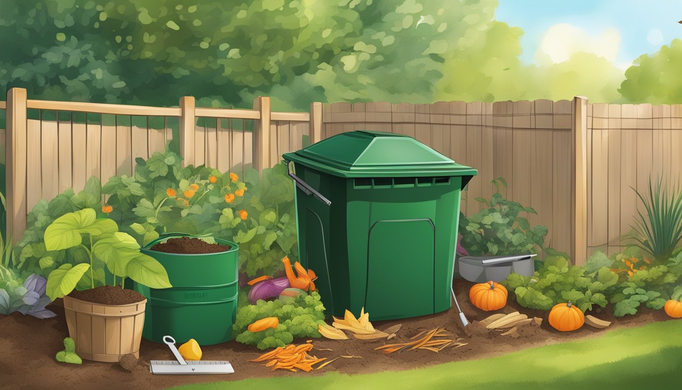 A backyard compost bin surrounded by a lush garden, with a mix of food scraps and yard waste being added. A compost thermometer and turning tool are nearby