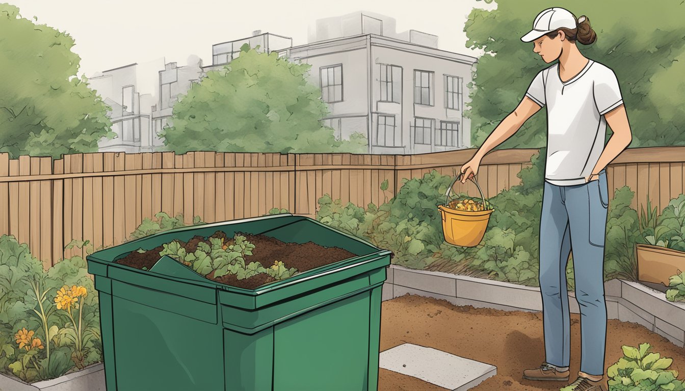 A person placing food scraps in a compost bin in a backyard garden, with a guidebook open nearby. The Madison, WI skyline is visible in the background