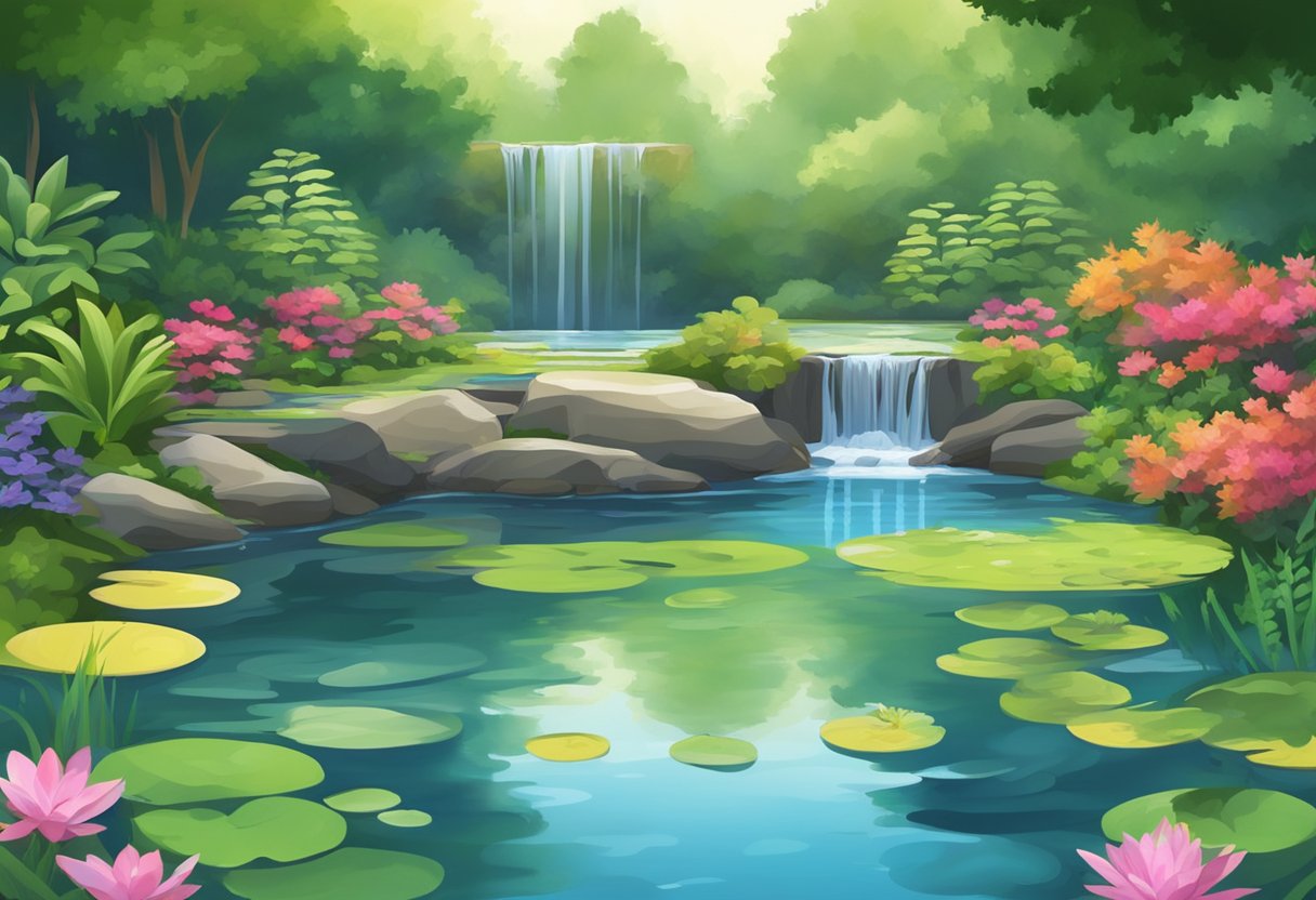 A serene pond with clear water, surrounded by lush greenery and colorful aquatic plants. A small waterfall trickles into the pond, creating gentle ripples on the surface