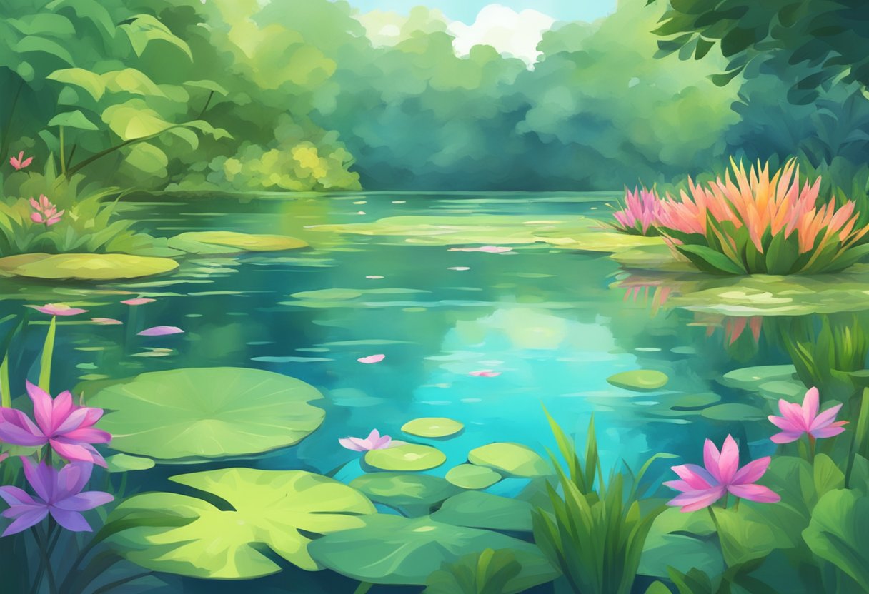 A serene pond with clear water, surrounded by lush greenery and colorful aquatic plants. A small filter hums softly, maintaining the water quality