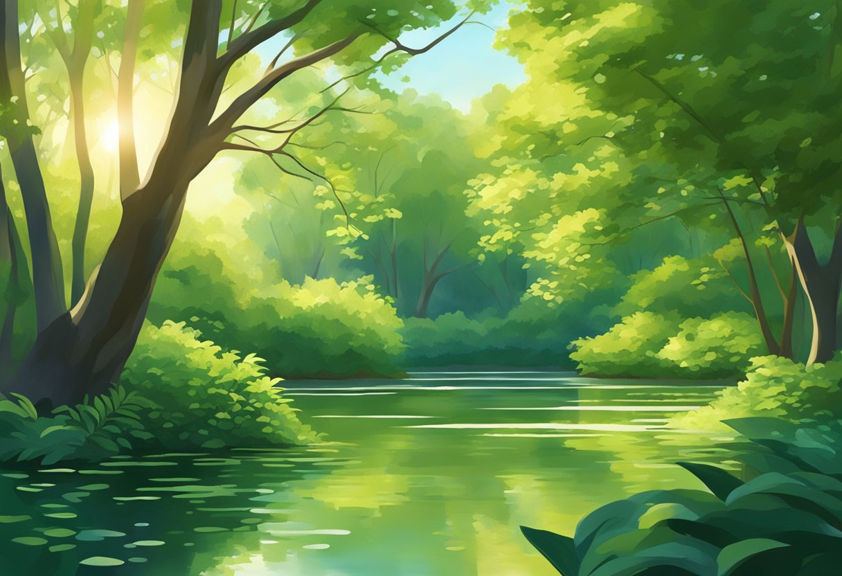 A pond surrounded by lush green trees, with dappled sunlight filtering through the leaves