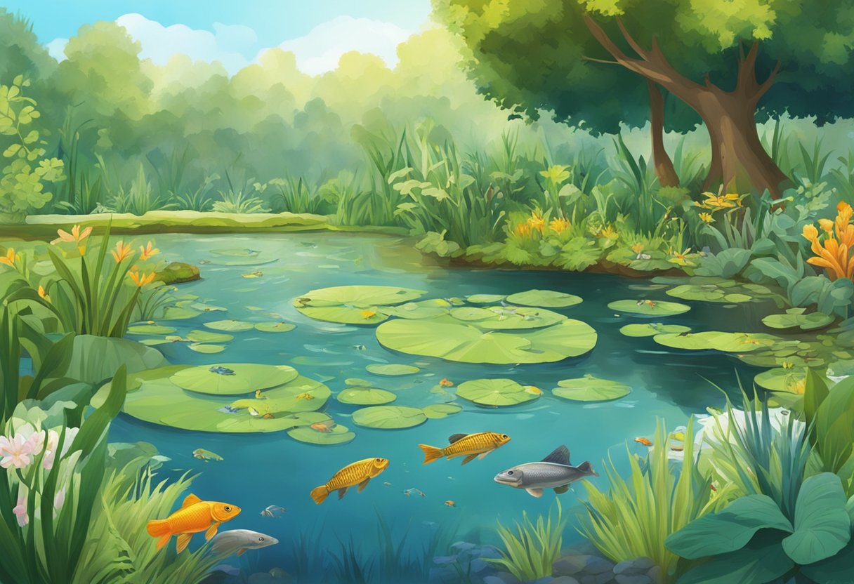 A pond surrounded by a variety of plants, some in the sun and some in the shade, with a diverse ecosystem of fish, frogs, and insects