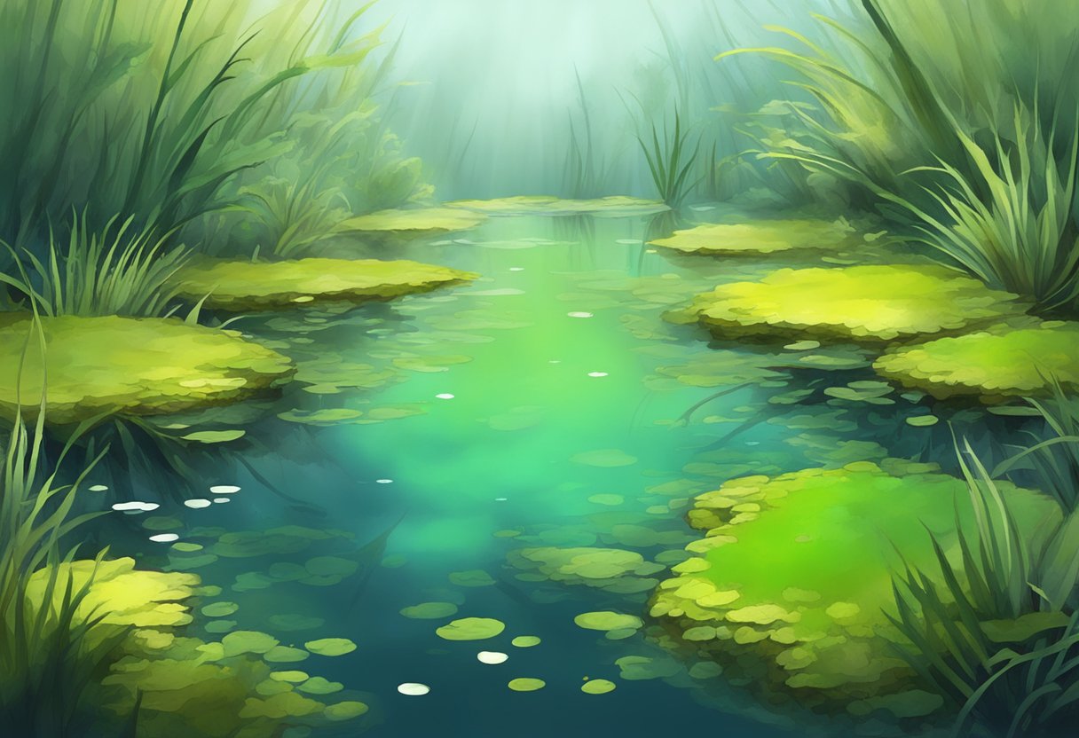 A murky pond with decaying plant matter and algae, emitting a foul odor