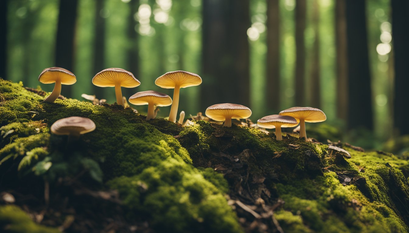 Turkey tail mushrooms adorn a tree trunk in a lush forest, displaying their vibrant colors and unique fan-like shape