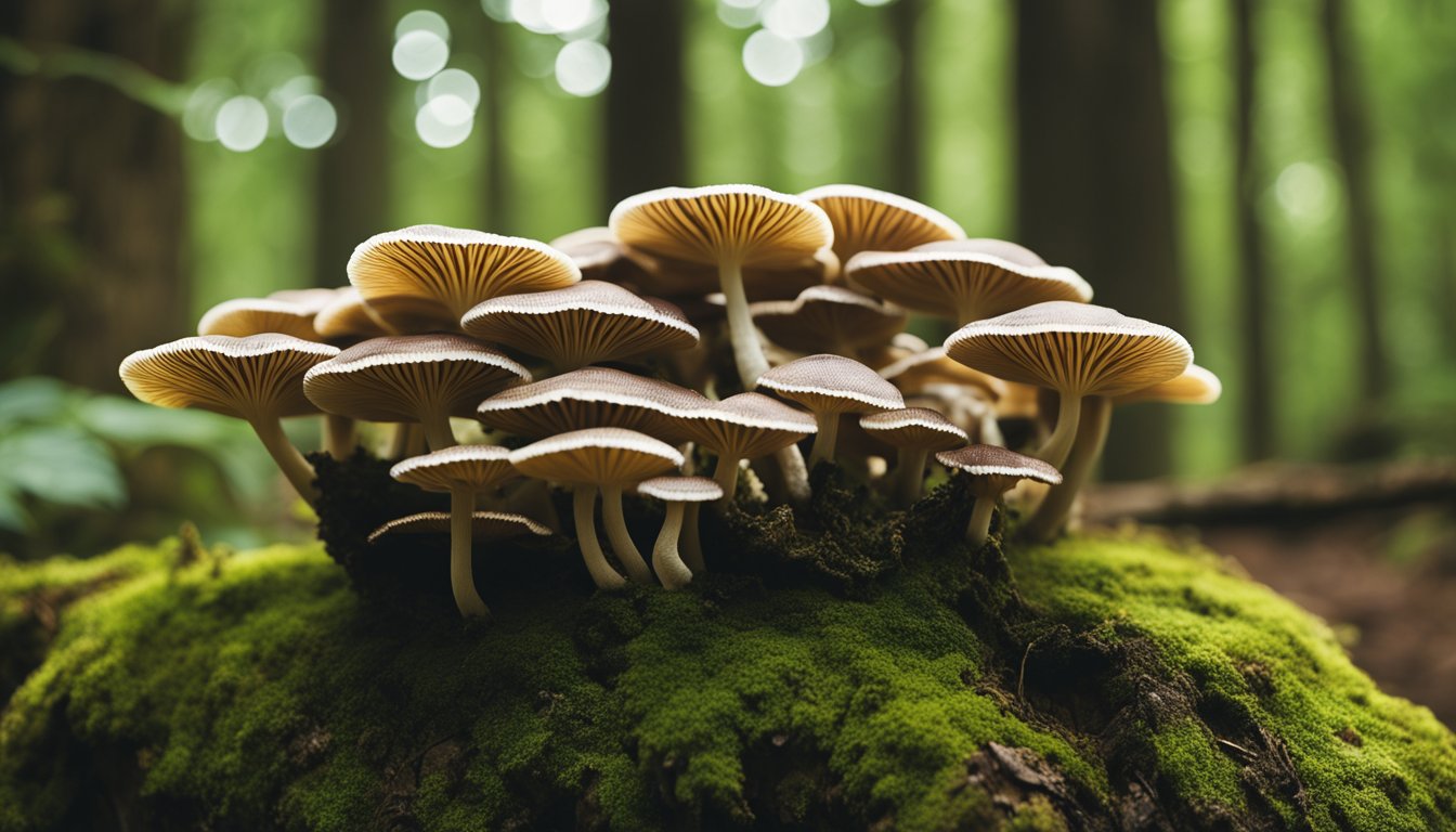 Turkey tail mushrooms on a tree trunk, vibrant and fan-shaped, against a lush forest background