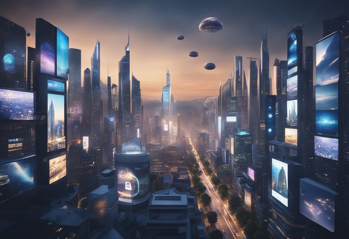 A futuristic city skyline with digital billboards and holographic advertisements