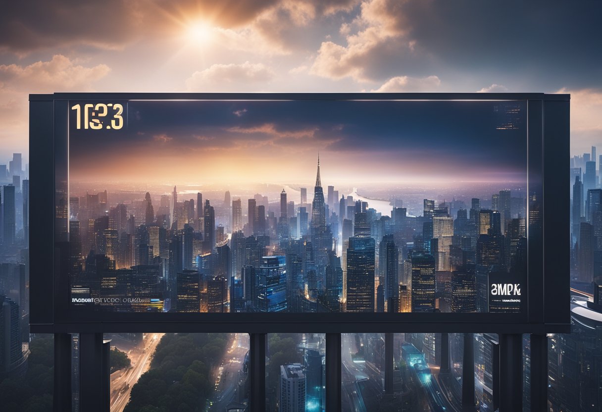 A futuristic city skyline with digital billboards displaying personalized marketing content