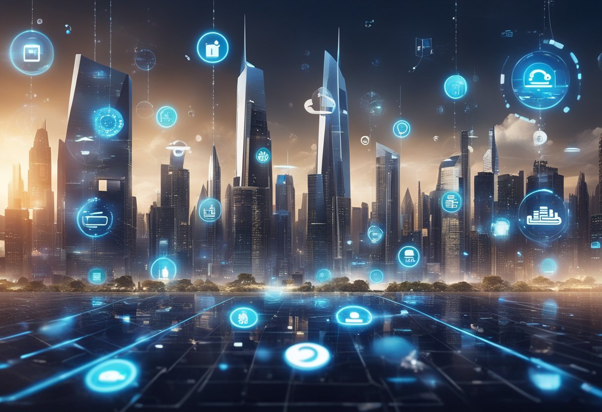 A futuristic city skyline with voice search icons floating in the air, surrounded by digital marketing symbols and futuristic technology