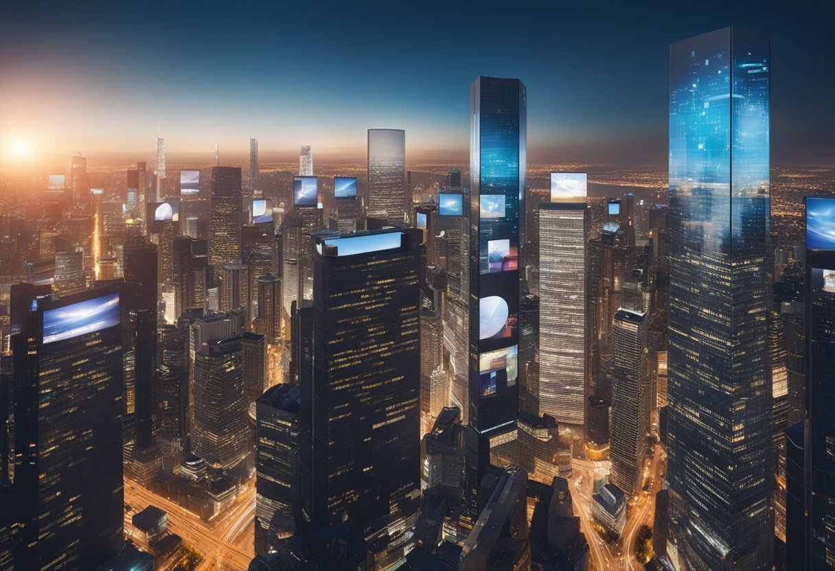 A bustling city skyline with various digital screens displaying marketing content and data analytics