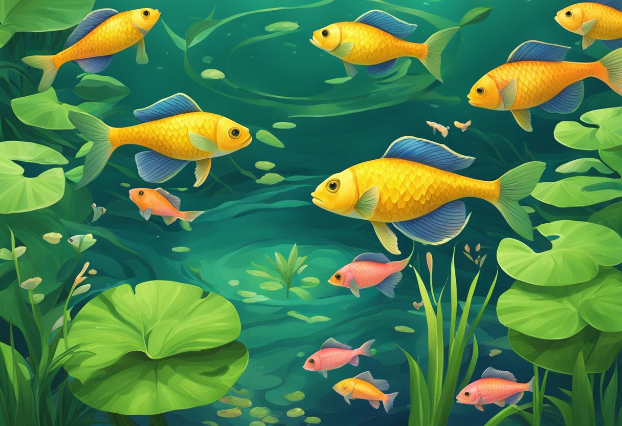 A serene pond with colorful fish swimming lazily among lush green water plants