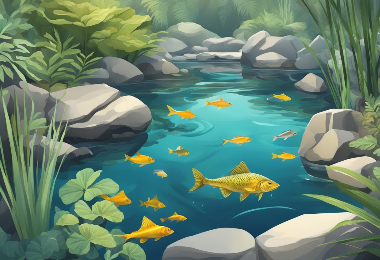 A tranquil pond with various fish species swimming among plants and rocks, some searching for food while others rest near the surface