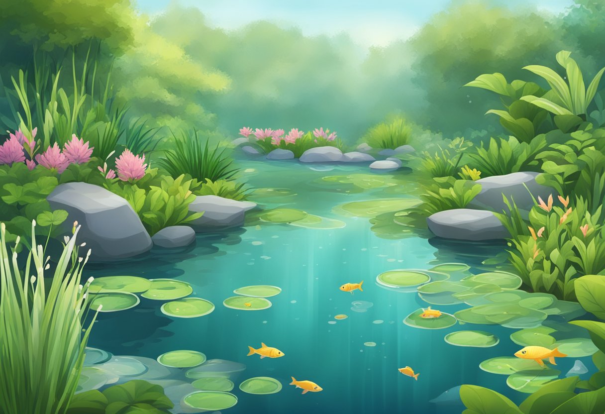 A serene pond with lush aquatic plants and small fish swimming among them