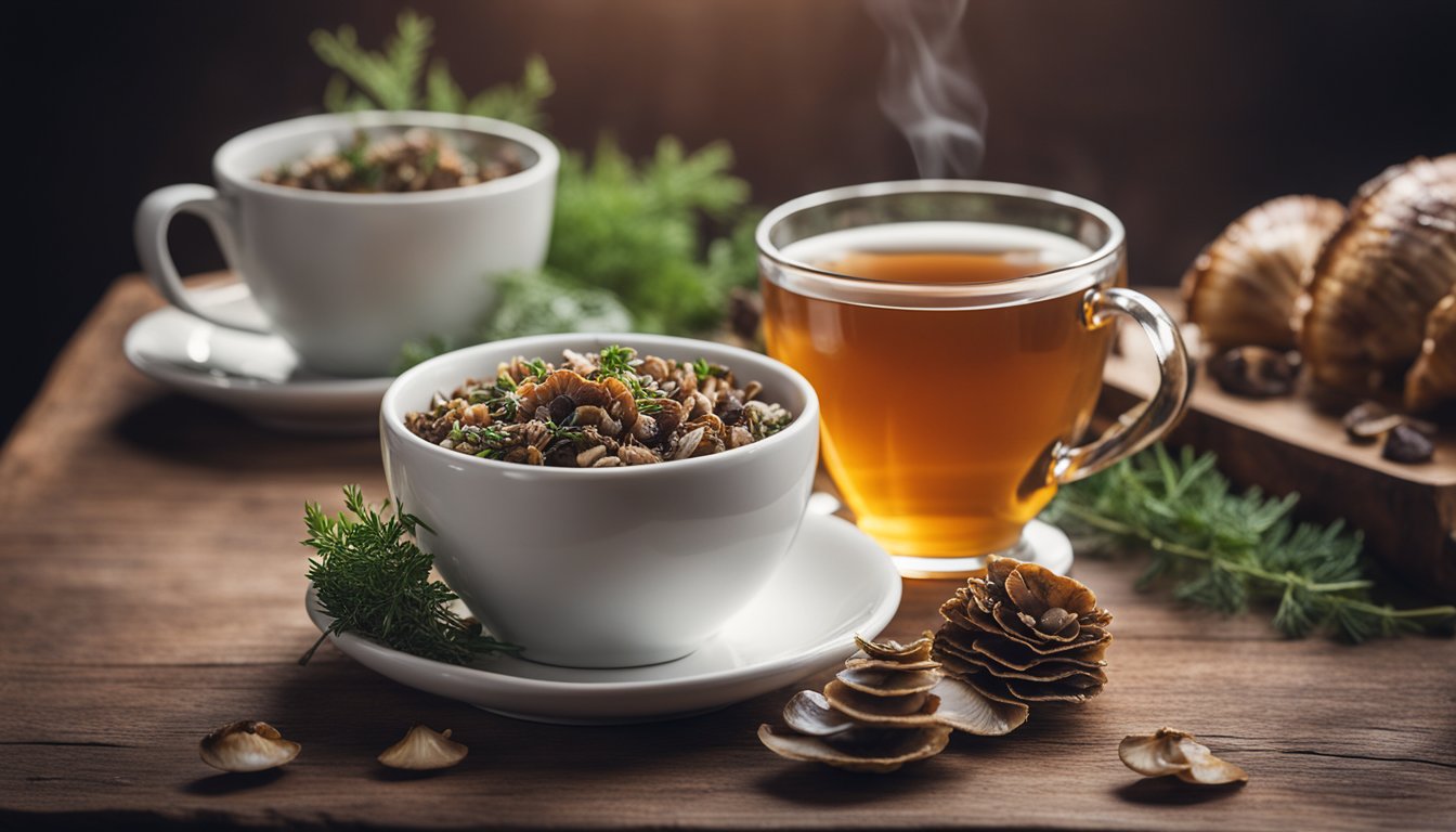 A cup of freshly brewed turkey tail tea sits on a wooden table, surrounded by dried turkey tail mushrooms and fresh herbs