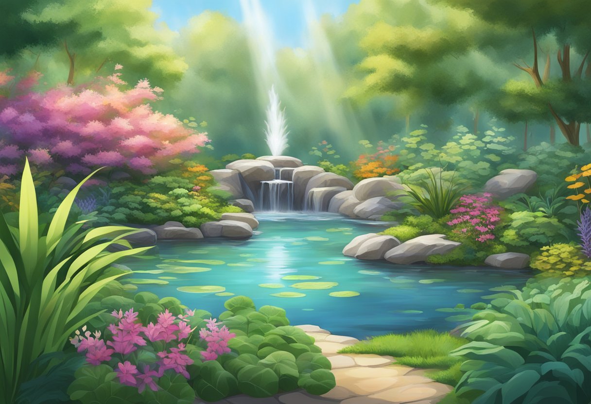 A serene pond with multiple jets shooting streams of water into the air, surrounded by lush greenery and colorful aquatic plants