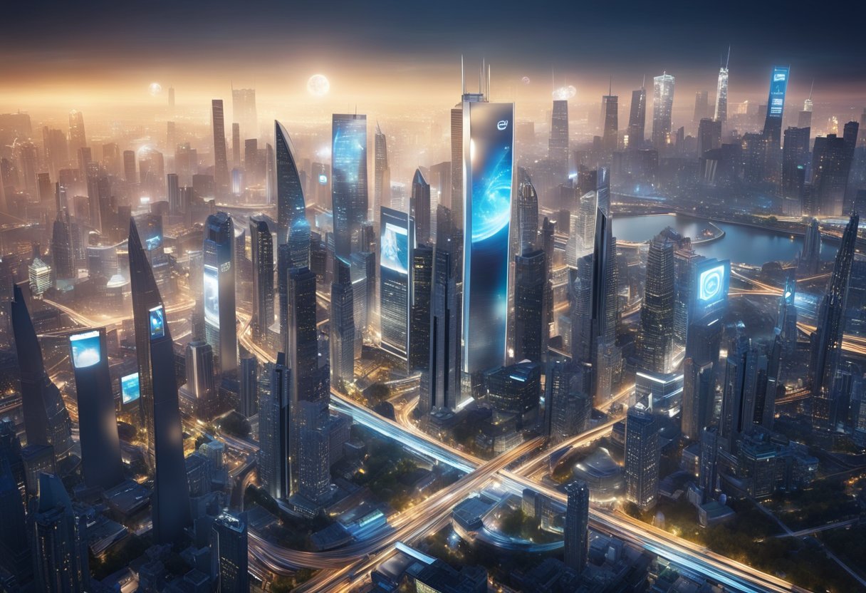 A futuristic city skyline with digital billboards displaying SEO-related data and graphics, surrounded by advanced technology and AI-powered devices