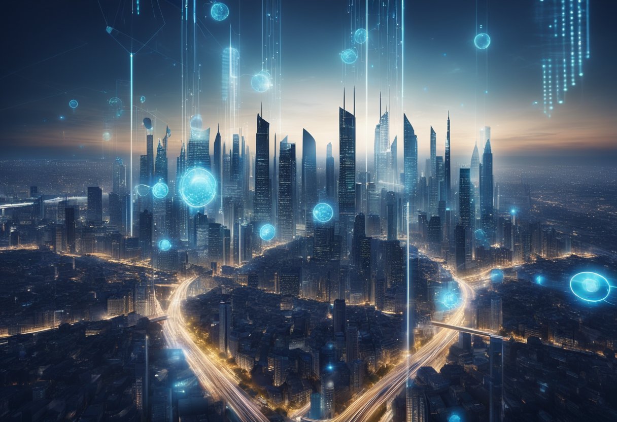 A futuristic city skyline with digital data streams intertwining with buildings, symbolizing the evolving algorithm updates and SEO trends for 2025