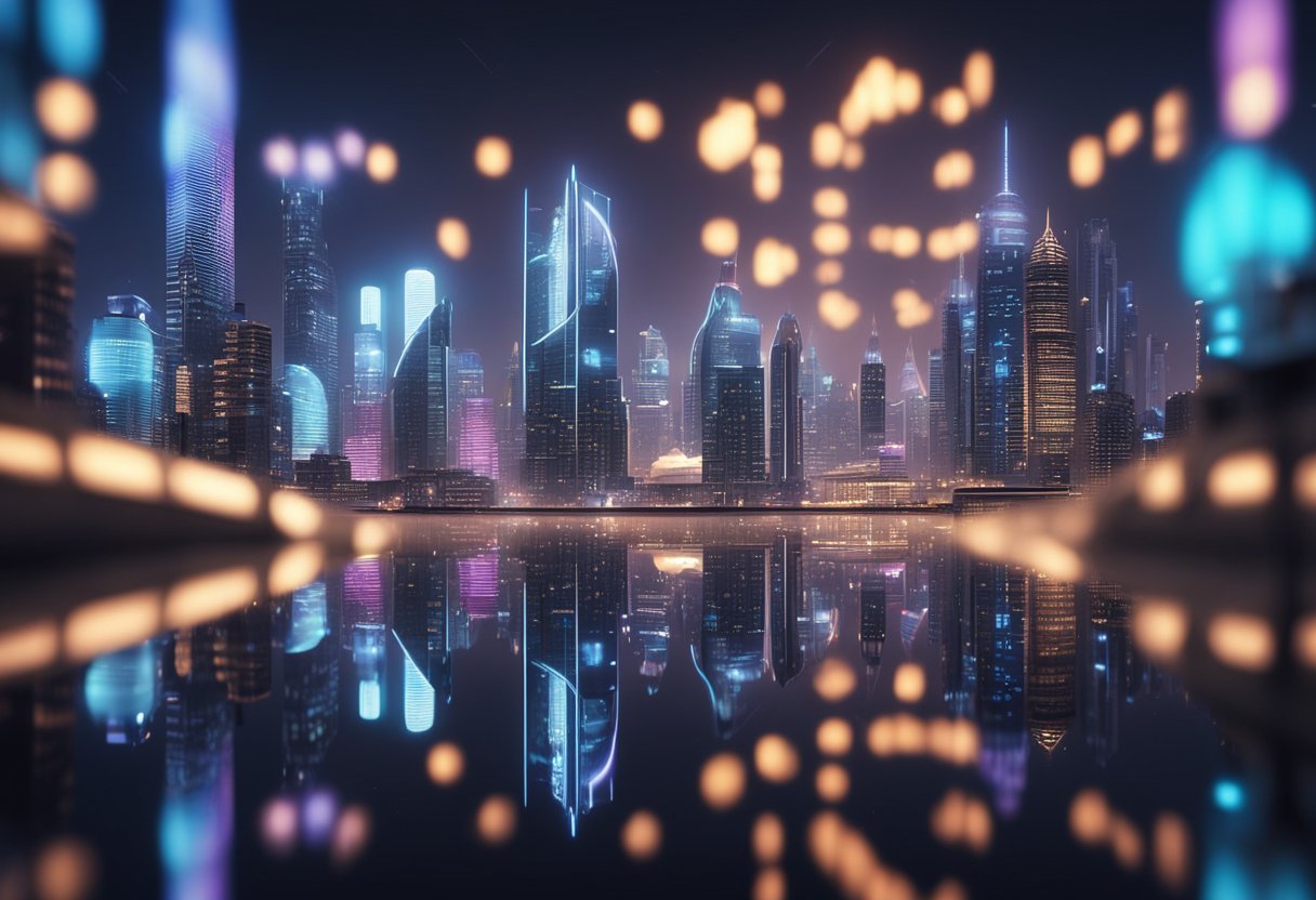 A futuristic city skyline with glowing neon signs and holographic projections of keywords and data floating in the air