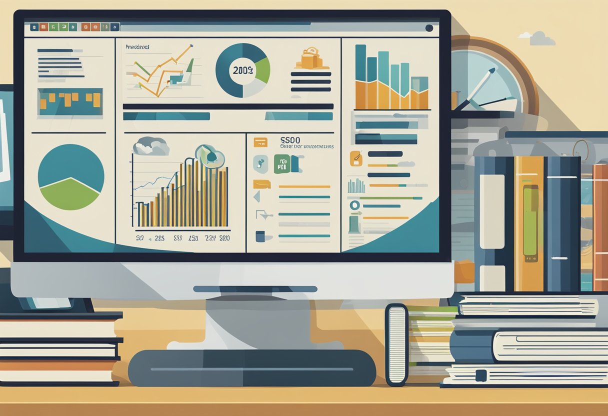 A computer screen displaying a graph of SEO trends for 2025, surrounded by authoritative books and trustworthy sources