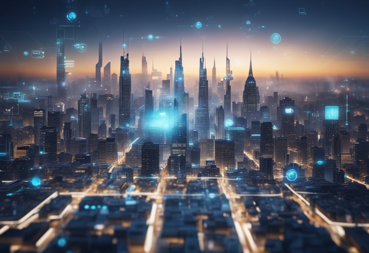 A futuristic city skyline with AI-powered robots creating digital content, while search engine optimization trends are displayed on holographic screens