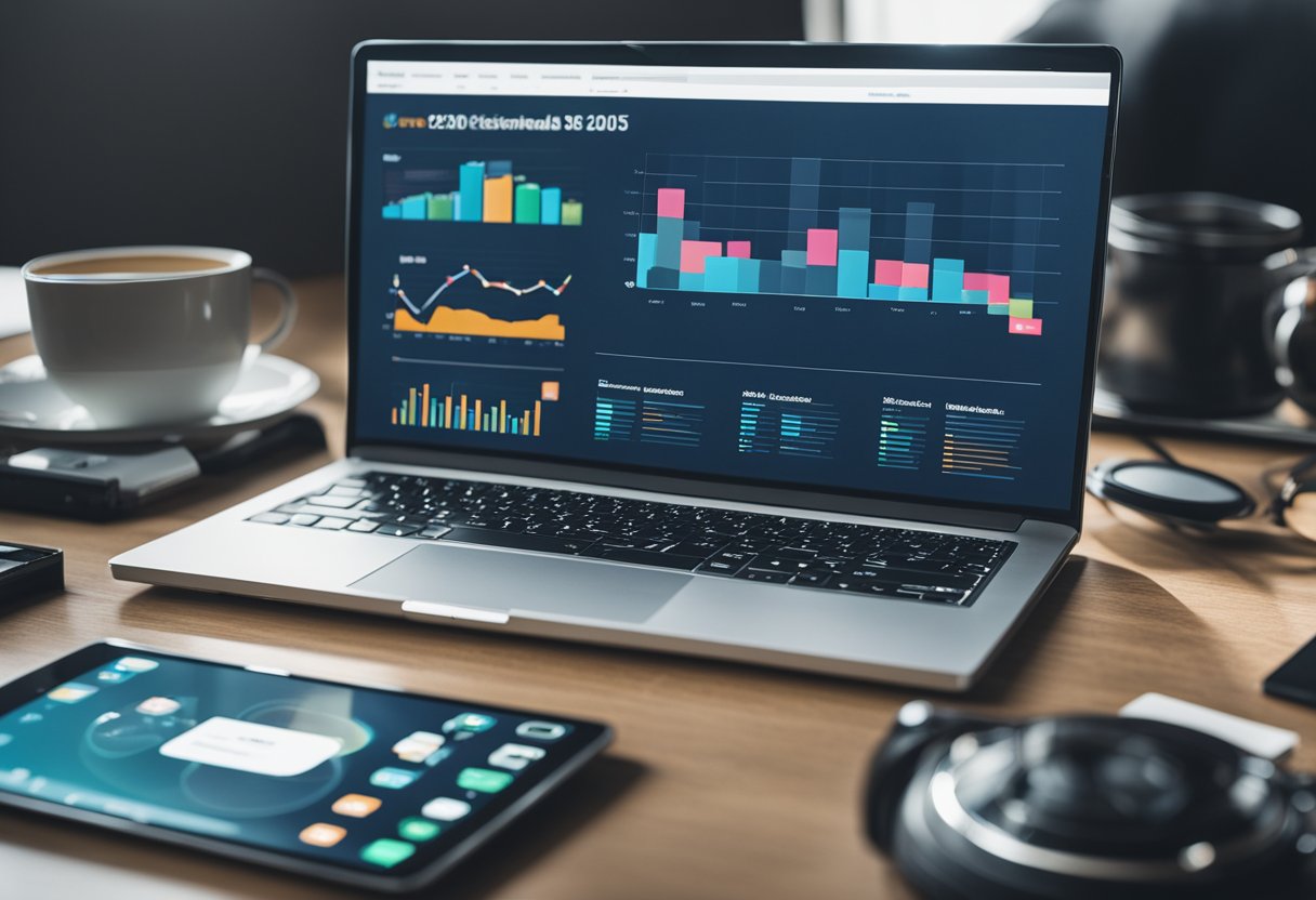 A laptop surrounded by various multimedia devices, with a chart showing SEO trends for 2025 on the screen