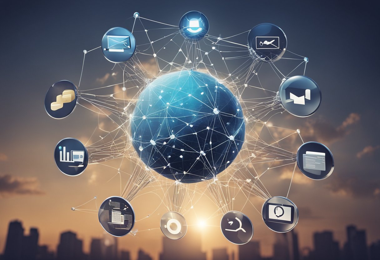 A web of interconnected nodes representing authority websites, surrounded by arrows symbolizing link building and SEO trends for 2025