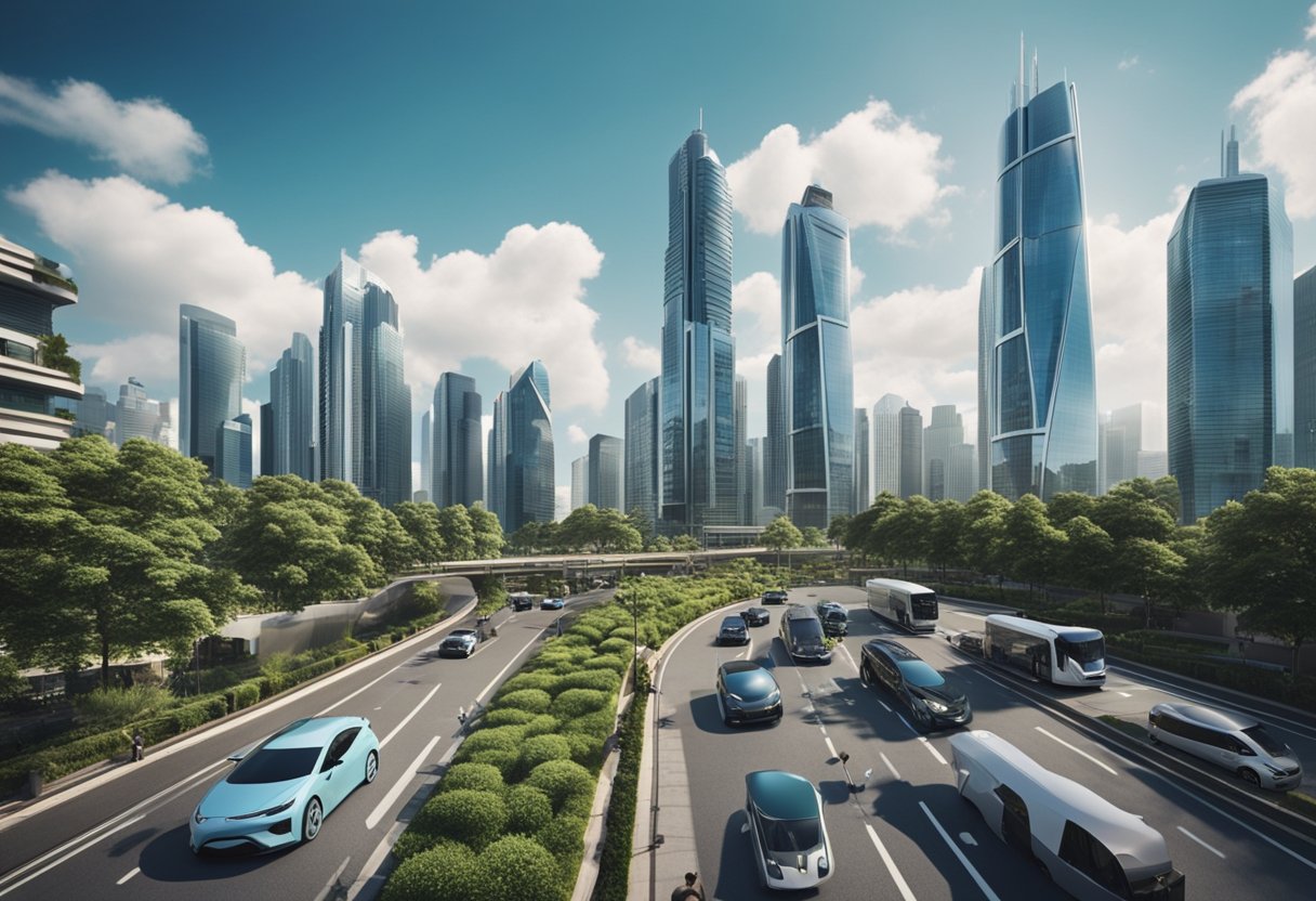 A bustling city street with futuristic skyscrapers and electric vehicles, surrounded by greenery and filled with people engaging in various activities