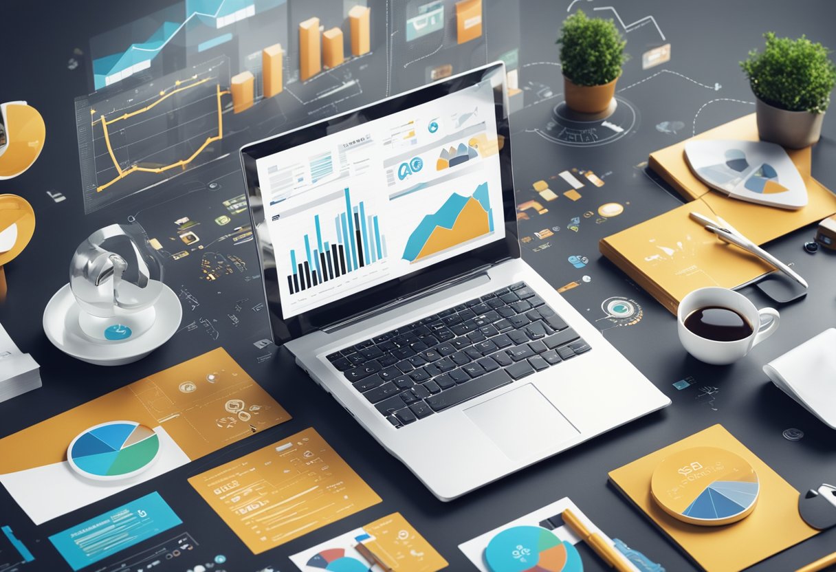 A laptop surrounded by various SEO tools and charts, with a graph showing a significant increase in organic traffic