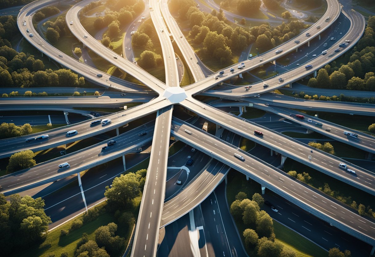 A network of interconnected roads leading to a central hub, with various signs pointing in different directions, symbolizing the strategies for boosting organic traffic through link building