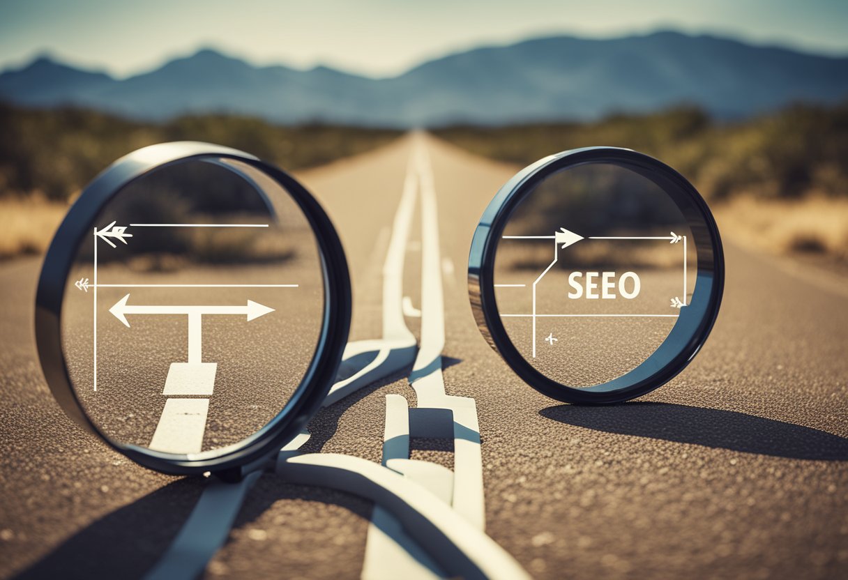 A magnifying glass hovers over two parallel paths, one labeled "SEO" and the other "SEM," with arrows pointing in opposite directions