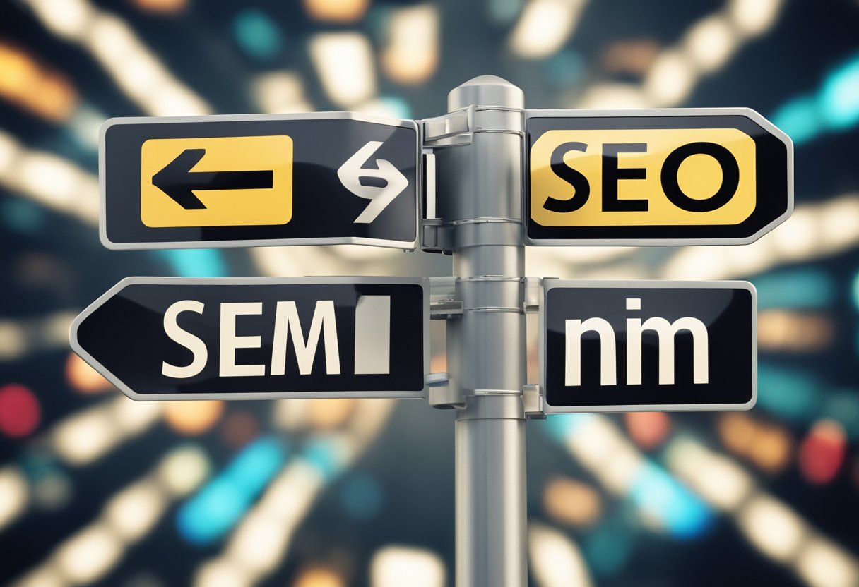 A split road sign with one side labeled "SEO" and the other "SEM," surrounded by various digital marketing icons and symbols