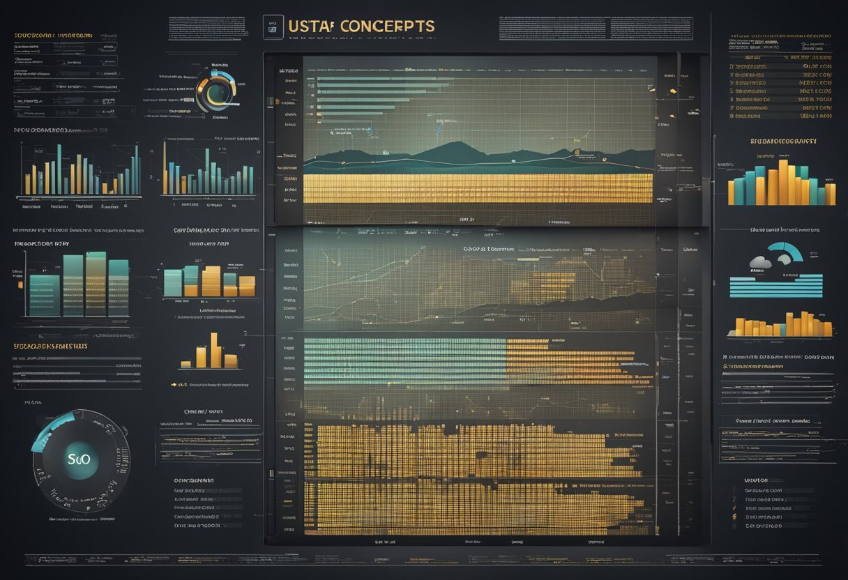 A computer screen split in half, one side showing SEO concepts and the other showing SEM concepts. Graphs and charts display data on user experience