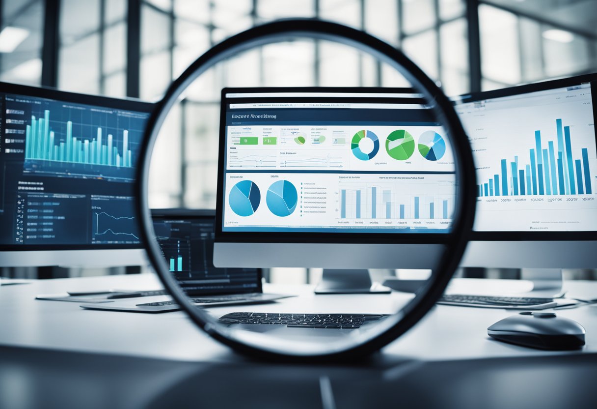 A magnifying glass hovering over a computer screen, with SEO and SEM graphs and charts displayed on the monitor