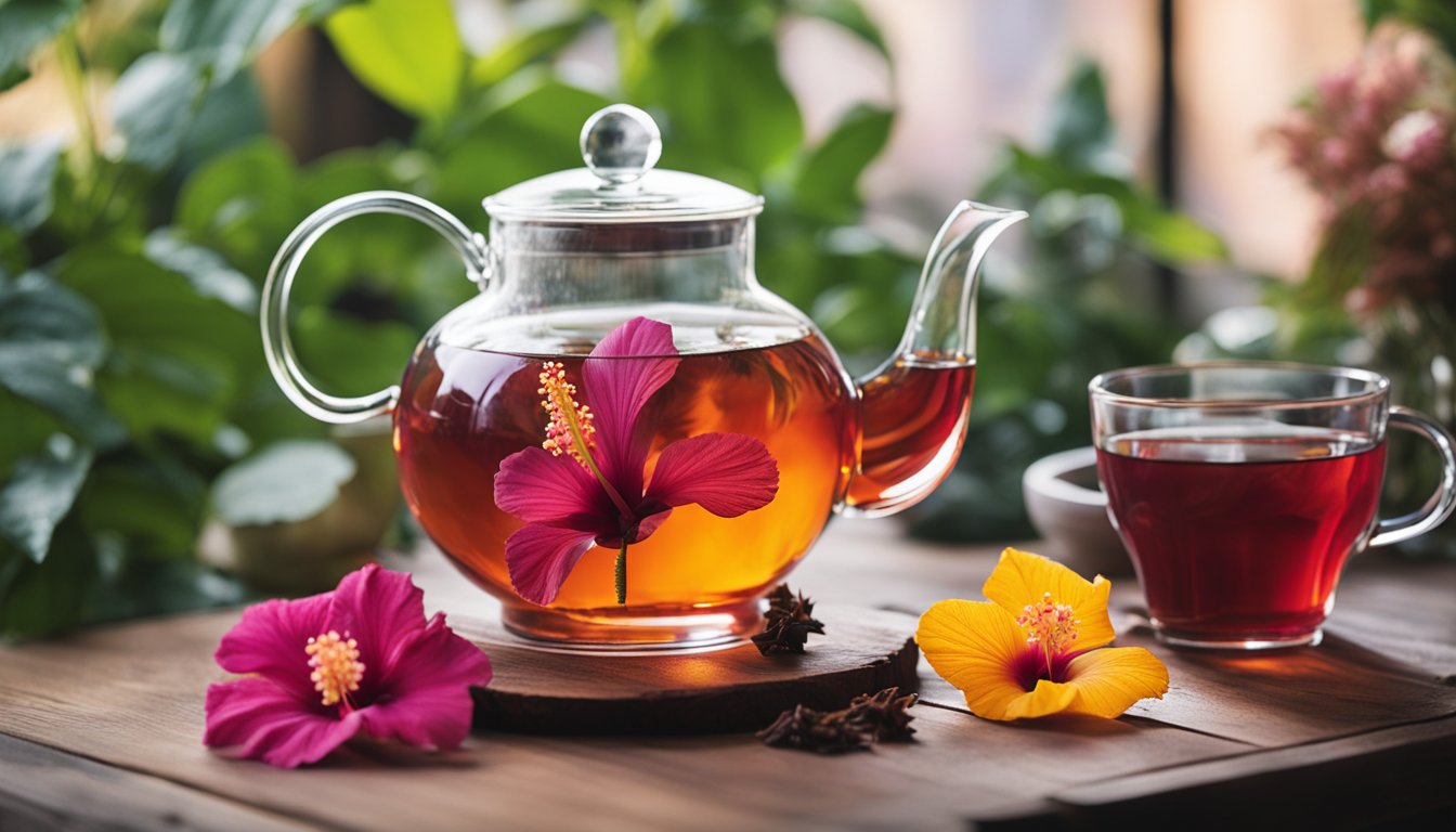 A clear glass teapot and cup hold hibiscus tea, surrounded by dried flowers and fresh leaves, on a wooden table